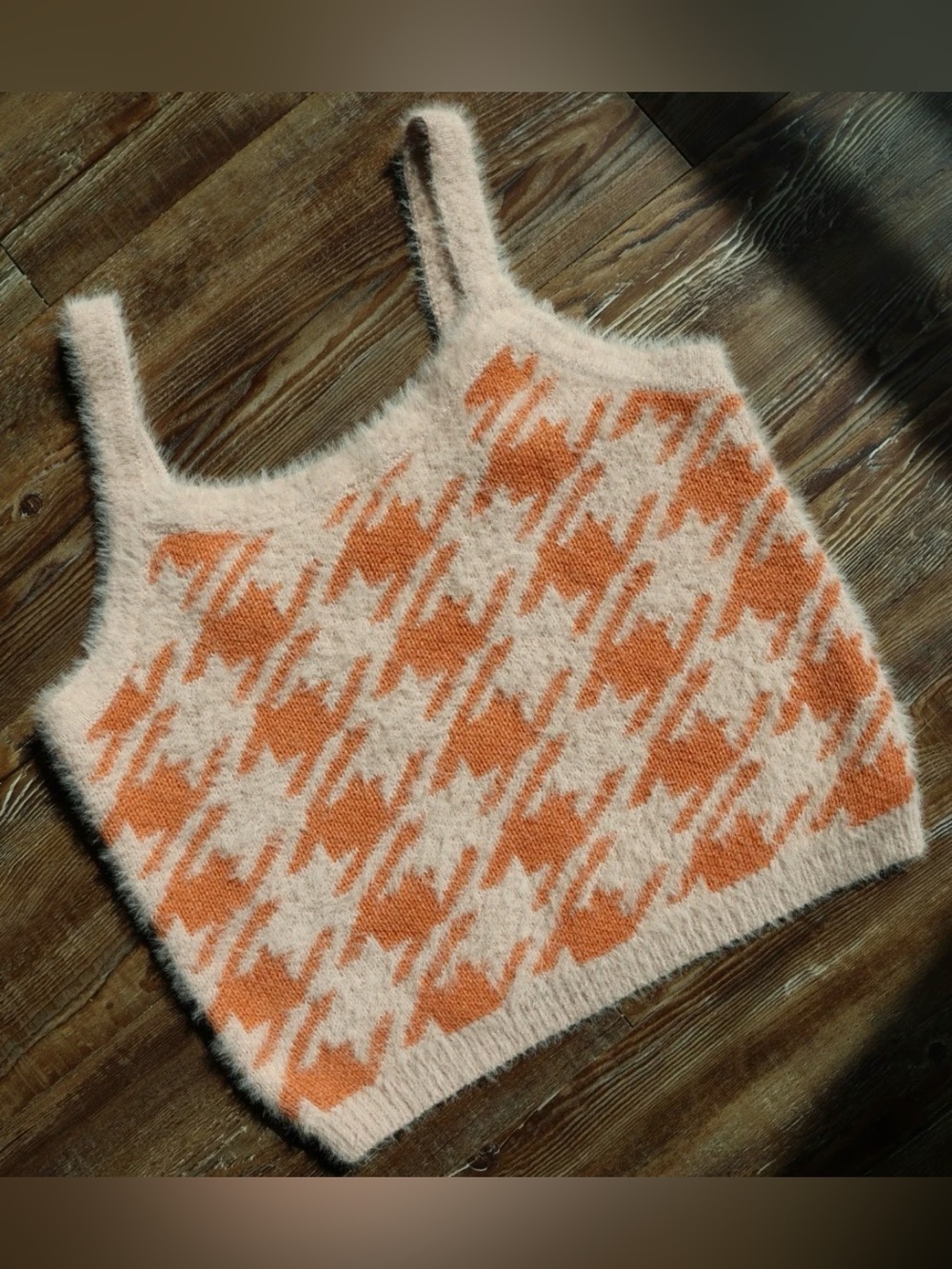 Retro Cropped Cream Pink Orange Sweater Tank Top Fuzzy Houndstooth Womens Large
